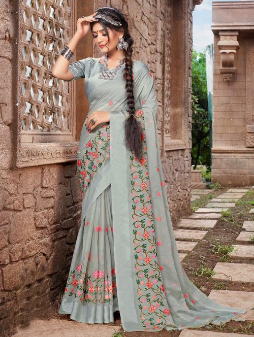 women's embroidered saree with blouse - 18558474 - Very Small Image - 1