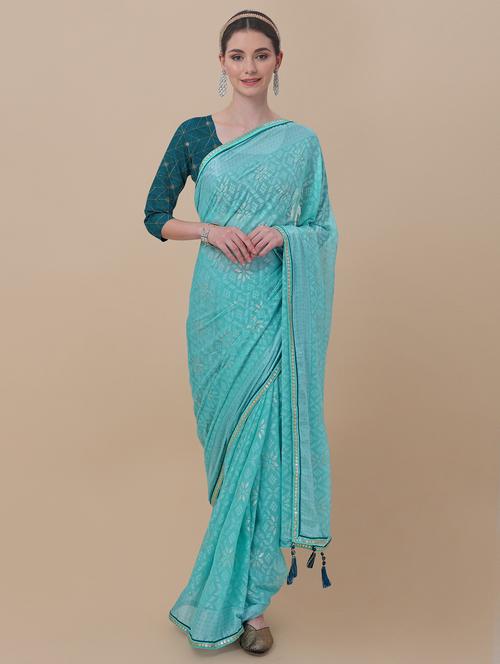 turquoise colored printed saree with blouse - 18558475 - Very Small Image - 1