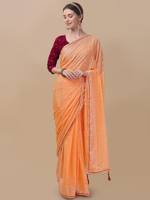 coral colored printed saree with blouse - 18558476 - Very Small Image - 1