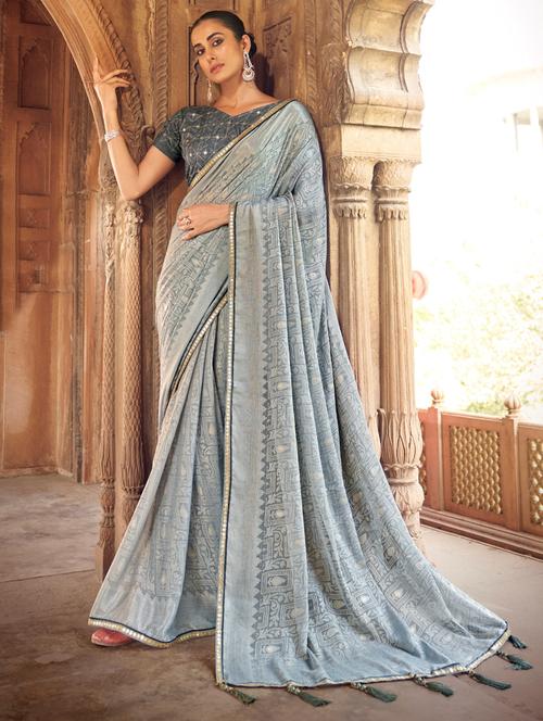 lace detailed printed saree with blouse - 18558477 - Very Small Image - 1