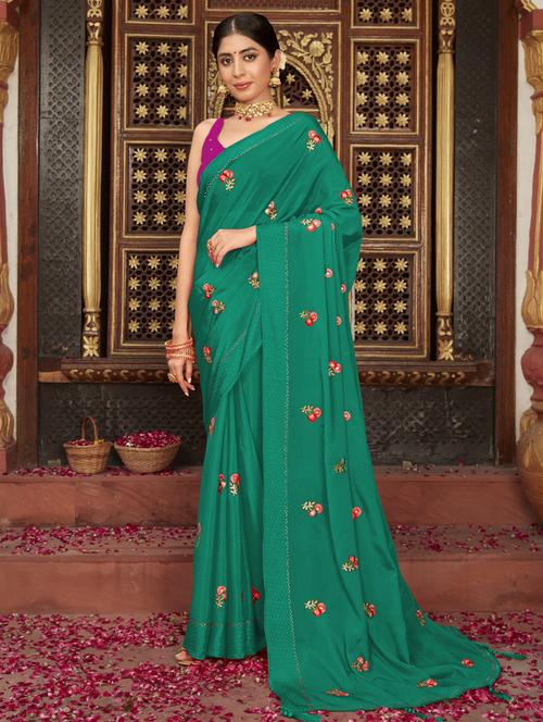 tassel detailed embroidered saree with blouse - 18558540 - Very Small Image - 1