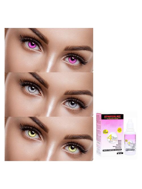 unisex 3 pair monthly violet, grey, gold colored 0 power contact lenses for men and women eyes with lens 30 ml solution - 18562119 - Very Small Image - 1