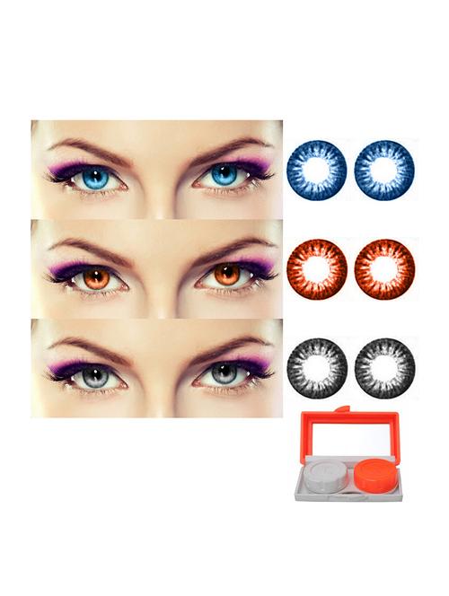 unisex 3 pair monthly colored contact lenses zero power with lens travel kit (aqua, brown, grey) - 18562129 - Very Small Image - 1