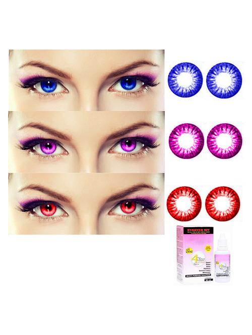 unisex 3 pair monthly colored contact lenses zero power with 30 ml solution (blue, violet, red) - 18562145 - Very Small Image - 1