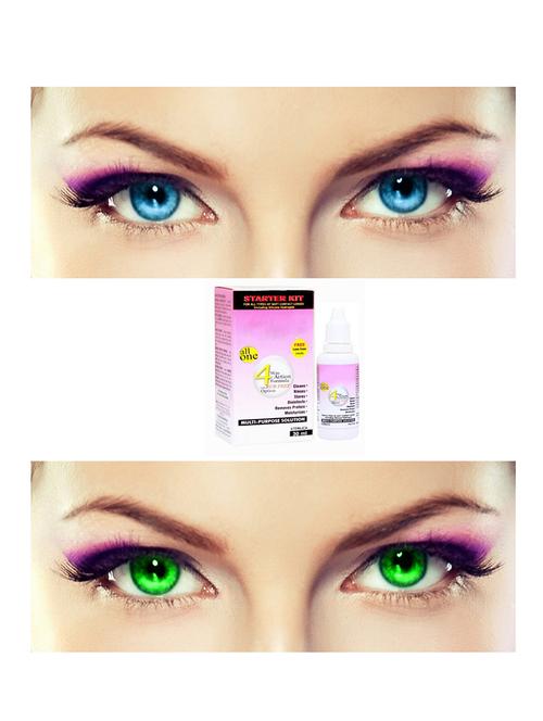 unisex 2 pair monthly colored contact lenses zero power with 30 ml solution (aqua-green ) - 18562155 - Very Small Image - 1