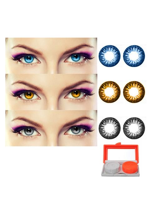 unisex 3 pair monthly colored contact lenses zero power with lens travel kit (aqua, honey, grey) - 18562158 - Very Small Image - 1