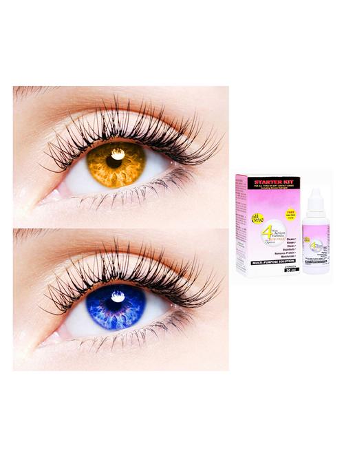 unisex 2 pair monthly colored contact lenses zero power with 30 ml solution (honey-blue) - 18562159 - Very Small Image - 1