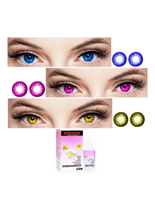 unisex 3 pair blue-violet-hazel monthly colored 0 power contact lenses for eyes men and women with 30 ml lesn solution - 18562160 - Very Small Image - 1