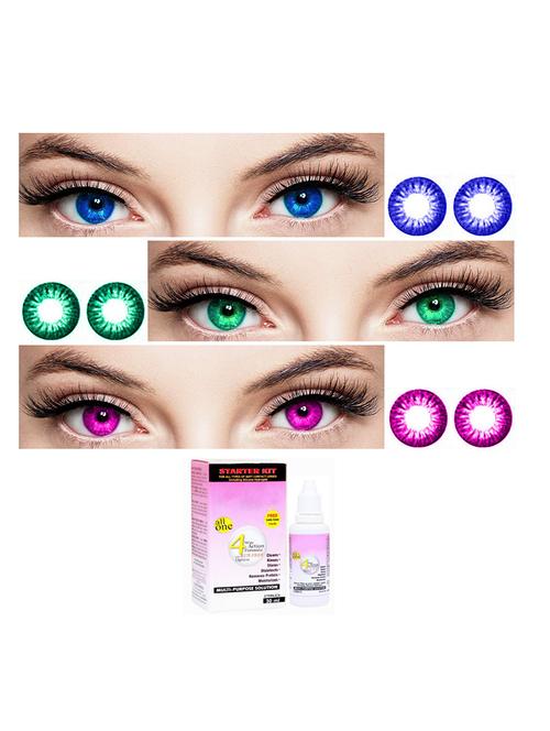 unisex 3 pair blue-turquoise-violet monthly colored 0 power contact lenses for eyes men and women with 30 ml lesn solution - 18562168 - Very Small Image - 1