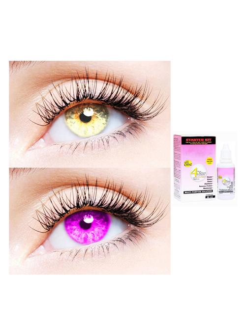 unisex 2 pair monthly colored contact lenses zero power with 30 ml solution (gold-violet) - 18562173 - Very Small Image - 1