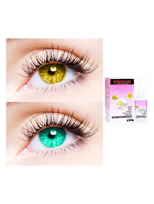 unisex 2 pair monthly colored contact lenses zero power with 30 ml solution (hazel-sea blue) - 18562182 - Very Small Image - 1