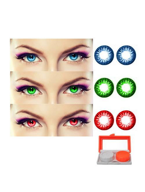 unisex 3 pair monthly colored contact lenses zero power with lens travel kit (aqua, green, red) - 18562184 - Very Small Image - 1