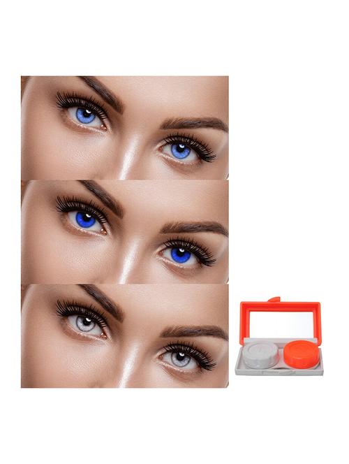 unisex 3 pair monthly aqua, blue, grey colored 0 power contact lenses for men and women eyes with lens travel container kit - 18562186 - Very Small Image - 1