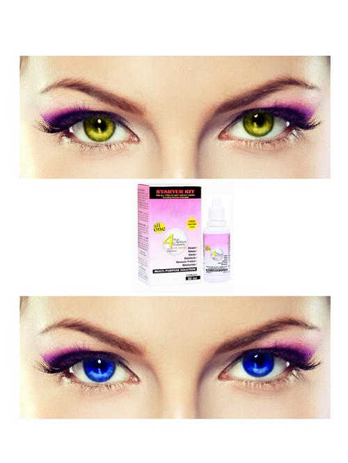 unisex 2 pair monthly colored contact lenses zero power with 30 ml solution (hazel-blue ) - 18562213 - Very Small Image - 1