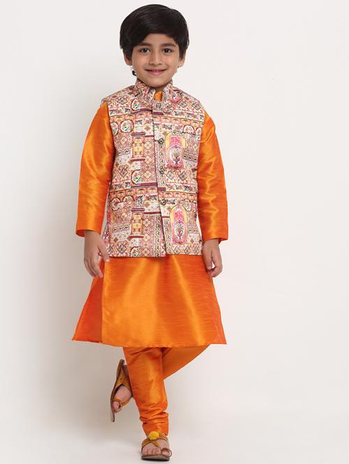 boys orange solid kurta pajama set with printed jacket - 18565231 - Very Small Image - 1