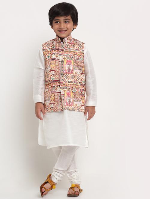 boys white solid kurta pajama set with printed jacket - 18565243 - Very Small Image - 1