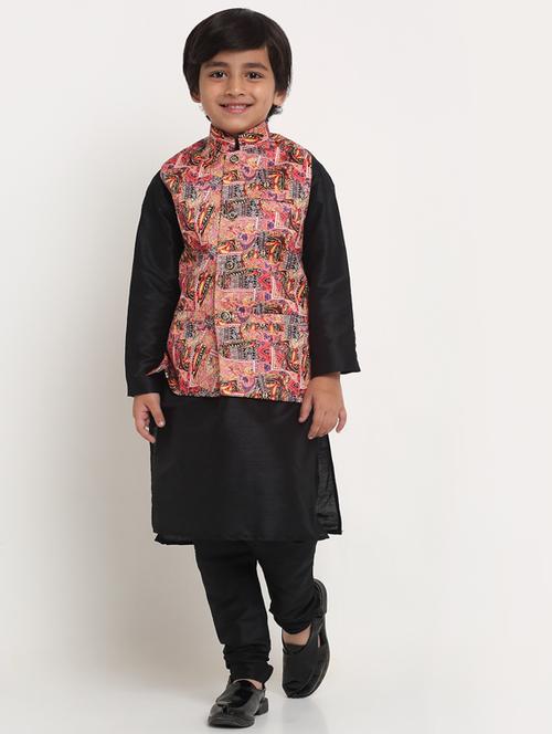 boys black solid kurta pajama set with printed jacket - 18565251 - Very Small Image - 1