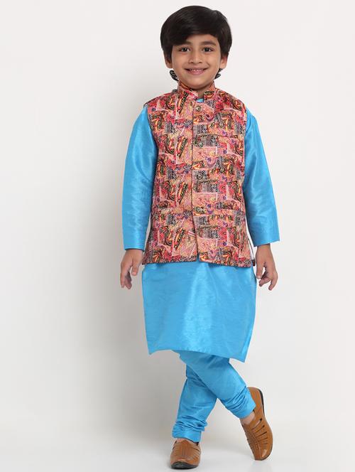 boys blue solid kurta pajama set with printed jacket - 18565273 - Very Small Image - 1