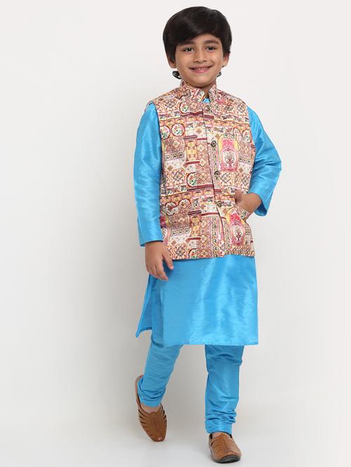 boys blue solid kurta pajama set with printed jacket - 18565276 - Very Small Image - 1
