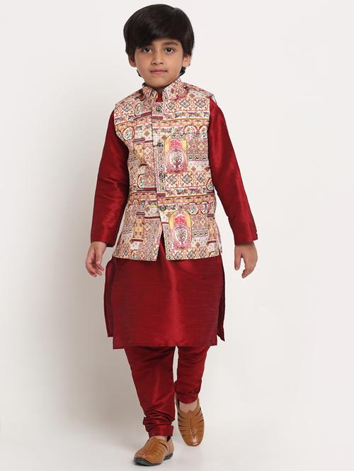 boys maroon solid kurta pajama set with printed jacket - 18565287 - Very Small Image - 1
