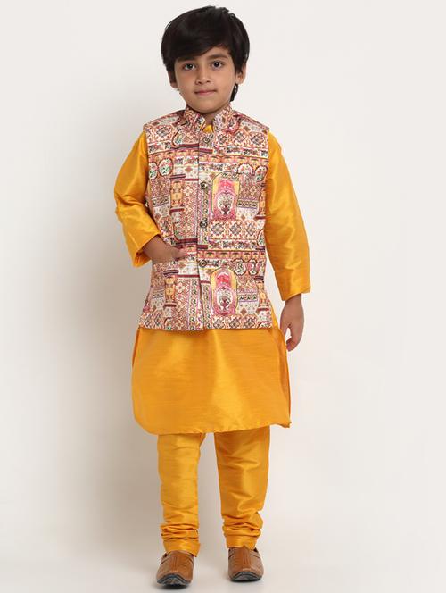 boys orange solid kurta pajama set with printed jacket - 18565298 - Very Small Image - 1