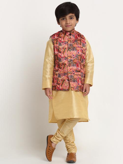 boys gold solid kurta pajama set with printed jacket - 18565306 - Very Small Image - 1