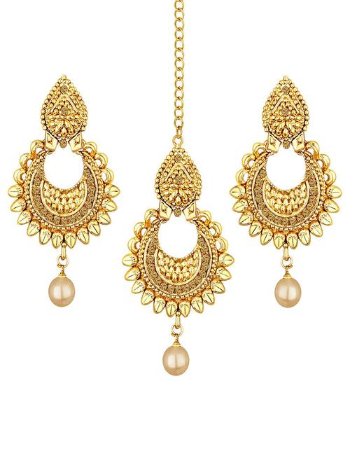 gold plated earring maang tikka set - 18566793 - Very Small Image - 1