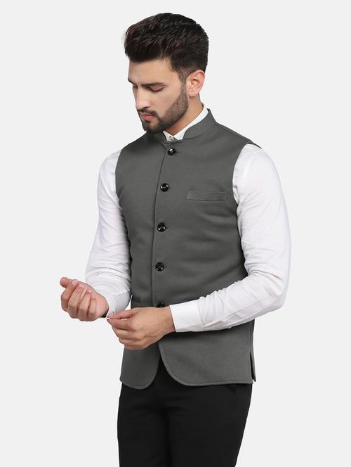 olive green solid nehru jacket - 18568432 - Very Small Image - 1