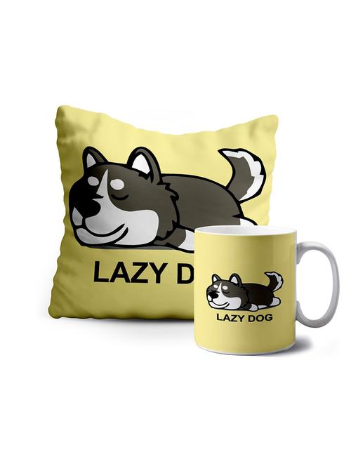 lazy dog printed cushion ceramic coffee mug 350 ml | cushion mug combo/ cushion mug gift set - 18571050 - Very Small Image - 1