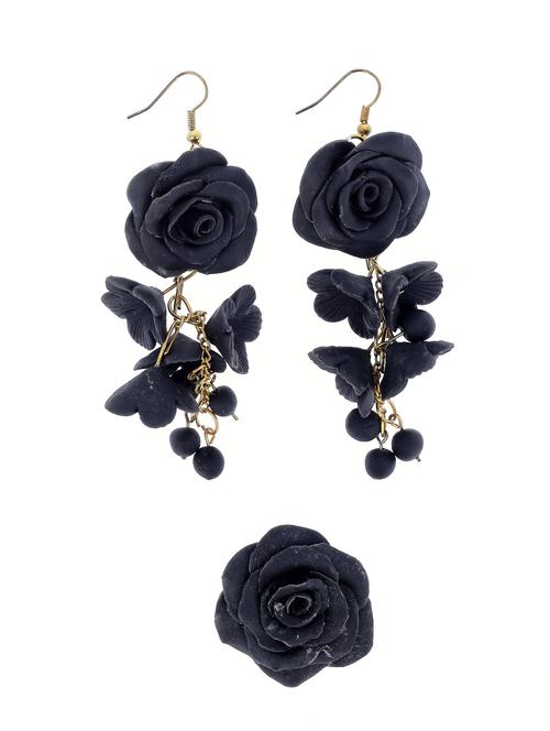 navy blue floral drop earring with ring - 18574700 - Very Small Image - 1