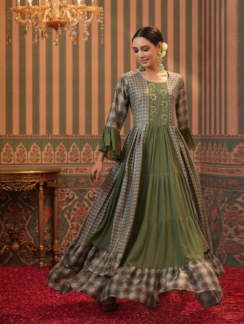 olive layered ethnic dress - 18575840 - Very Small Image - 1