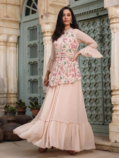 cream georgette tiered ethnic dress - 18575846 - Very Small Image - 1
