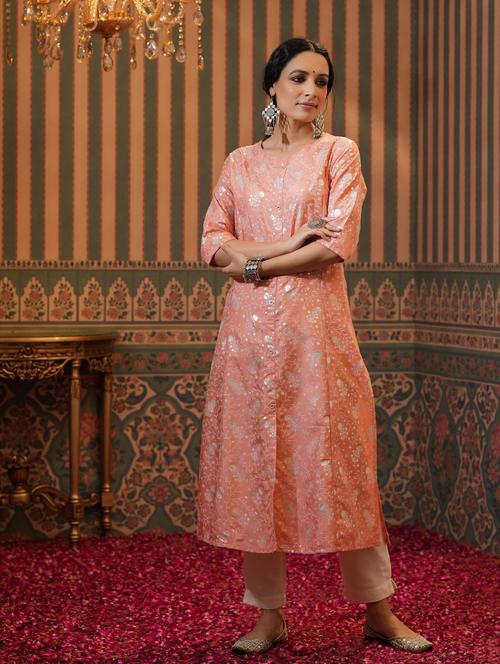 peach chanderi aline kurta - 18575854 - Very Small Image - 1