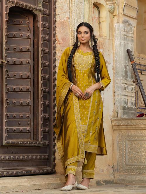 zari work mustard kurta pant set - 18576125 - Very Small Image - 1