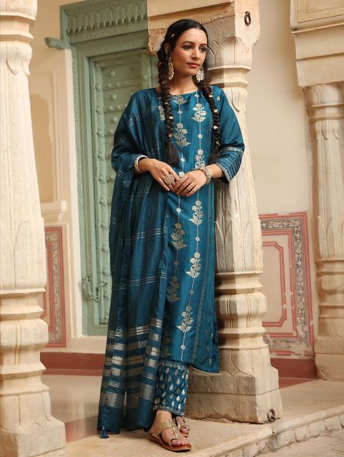 gold print kurta pant set with dupatta - 18576132 - Very Small Image - 1