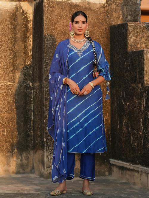 leheriya kurta pant set with dupatta - 18576136 - Very Small Image - 1