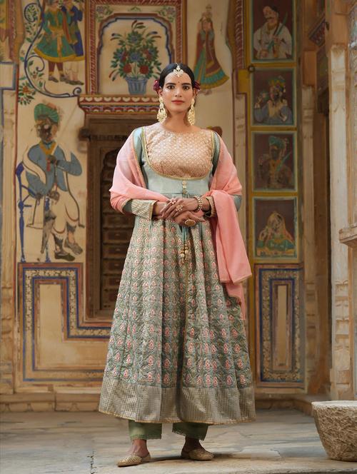 zari work kurta pant set with dupatta - 18576159 - Very Small Image - 1