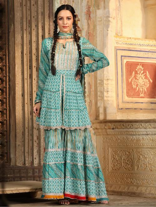 ethnic motif kurta sharara set with dupatta - 18576166 - Very Small Image - 1