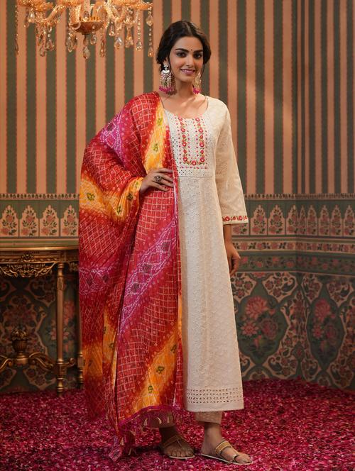 chikankari kurta pant set with dupatta - 18576175 - Very Small Image - 1