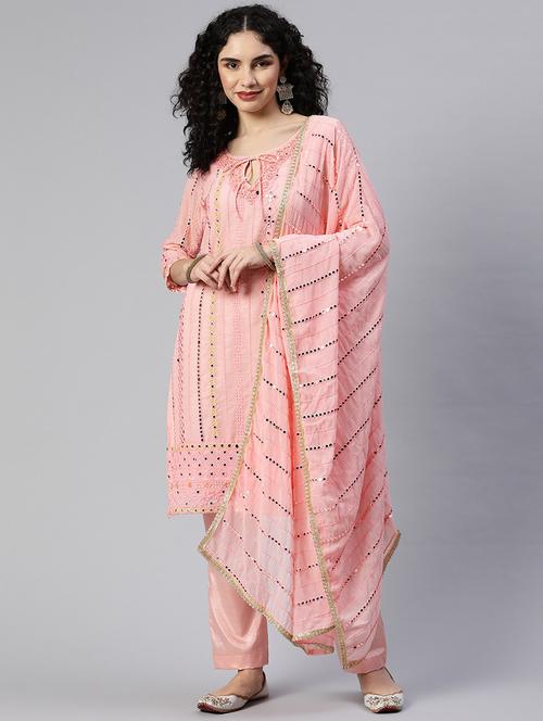 embroidered semi-stitched suit set - 18577009 - Very Small Image - 1