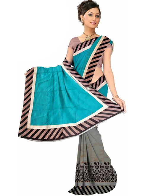 women's printed blue colored saree with blouse - 18577376 - Very Small Image - 1