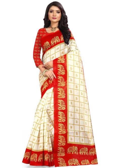 women's checks off white colored saree with blouse - 18577398 - Very Small Image - 1
