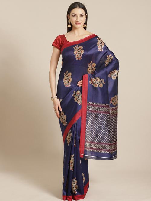 women's printed navy blue colored saree with blouse - 18577455 - Very Small Image - 1