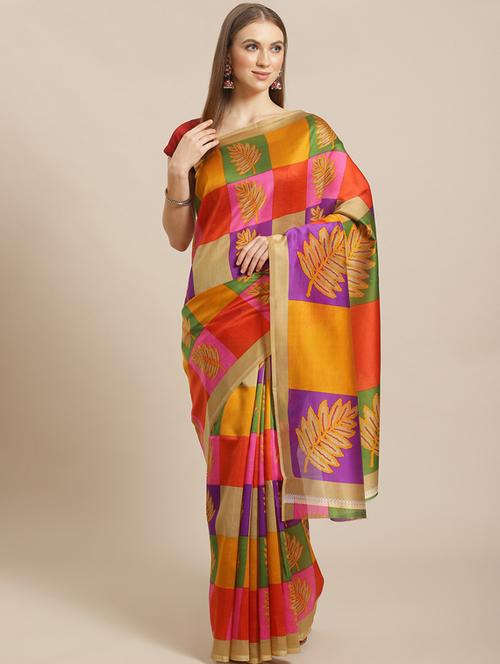 women's leaf print multi colored saree with blouse - 18577467 - Very Small Image - 1