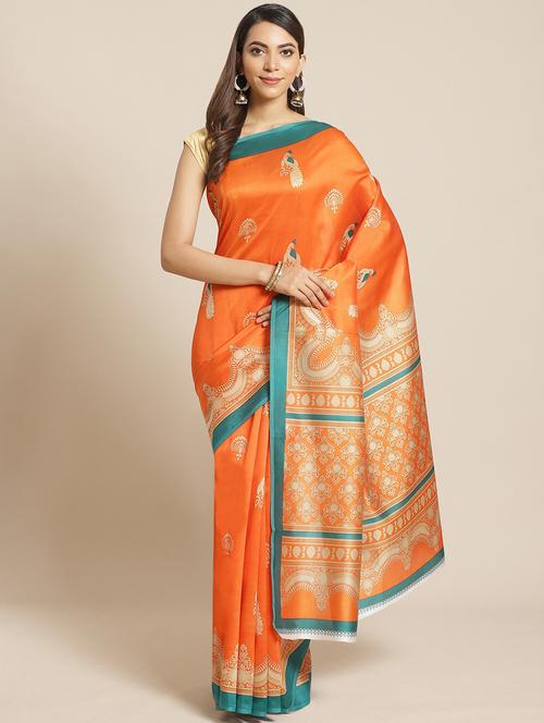 women's graphic orange colored saree with blouse - 18577510 - Very Small Image - 1