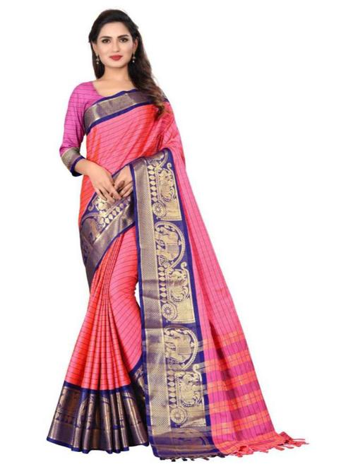 women's checks pink colored saree with blouse - 18577693 - Very Small Image - 1