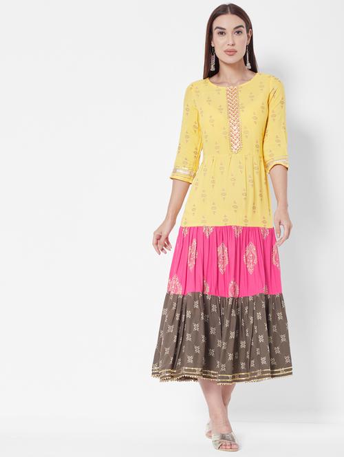yellow rayon tiered ethnic dress - 18577814 - Very Small Image - 1