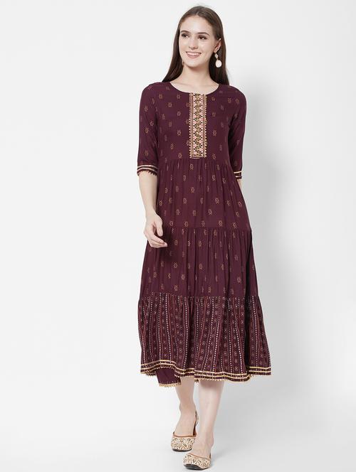 purple rayon aline ethnic dress - 18577815 - Very Small Image - 1