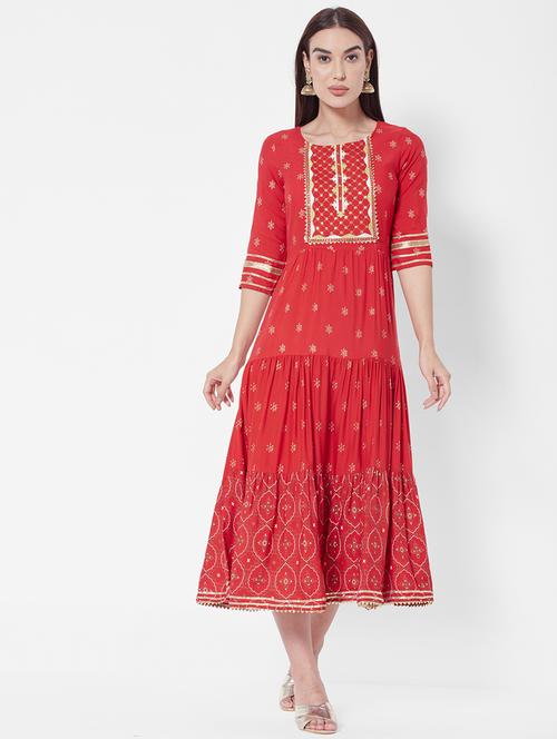 red rayon tiered ethnic dress - 18577816 - Very Small Image - 1