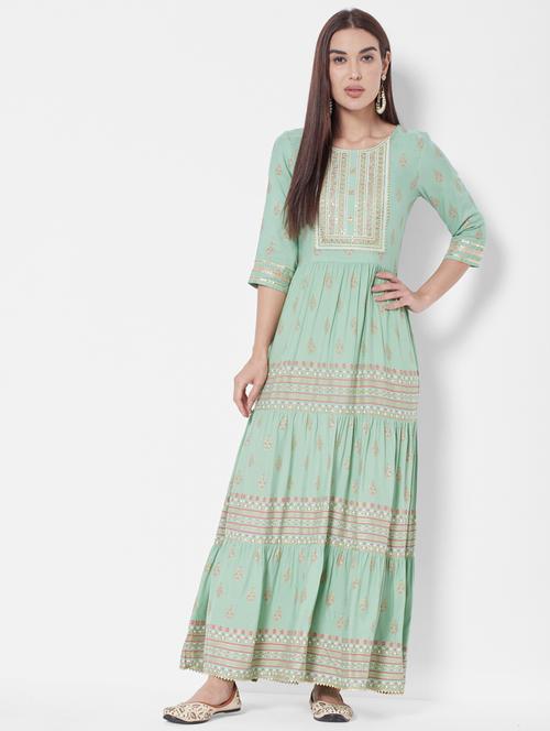 green rayon tiered ethnic dress - 18577820 - Very Small Image - 1